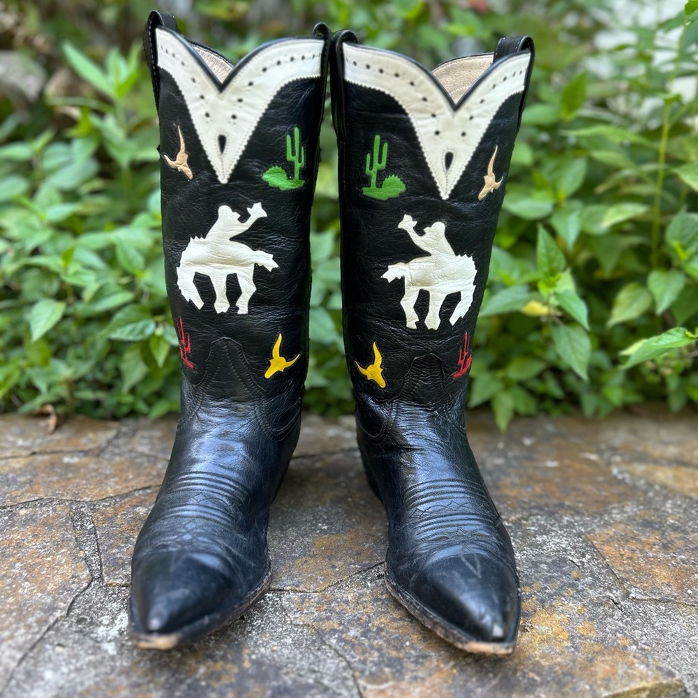 Women’s Size 7.5 B - Larry Mahan Vintage Cowboy Western Boots Horseback Inlays - Picture 2 of 6